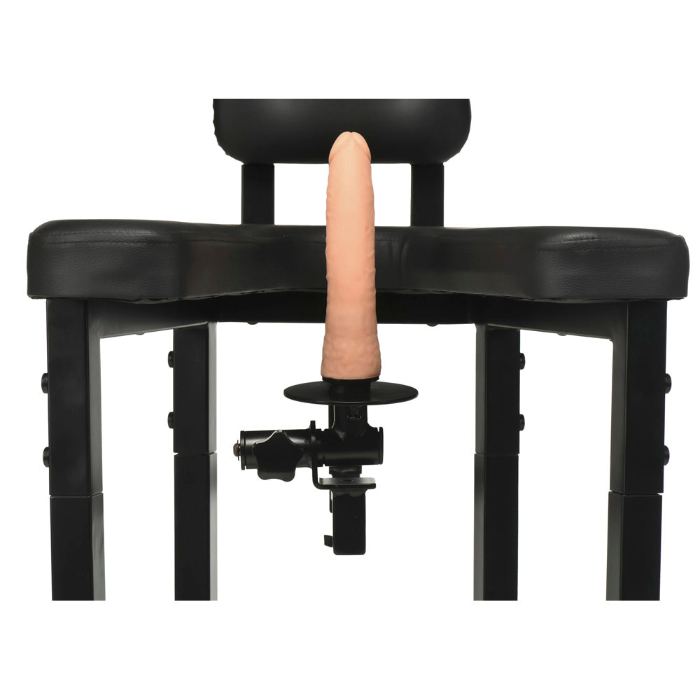 Black bondage chair with a dildo and motorized sex machine attachment.