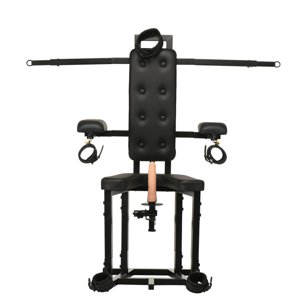 Black bondage chair with restraints and a motorized sex machine.