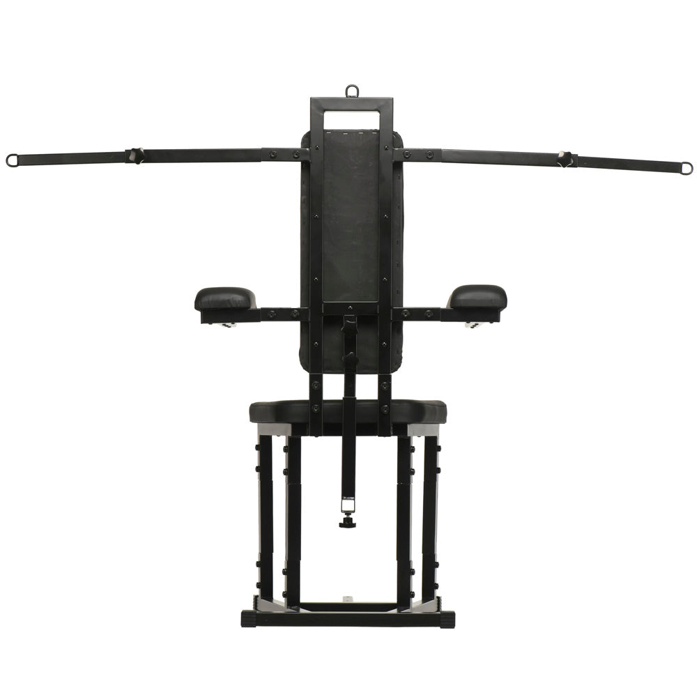 Black bondage chair with armrests and restraints.