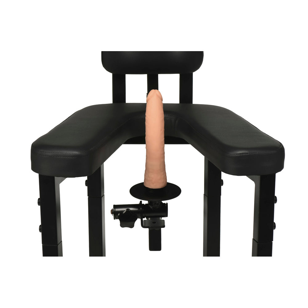 Black bondage chair with a dildo and motorized sex machine attachment.