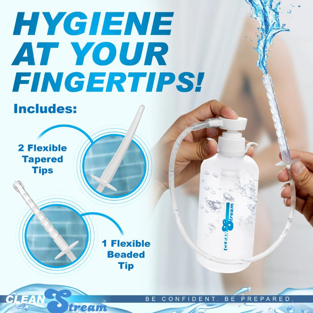 A 600mL enema bottle kit with three flexible nozzle attachments.