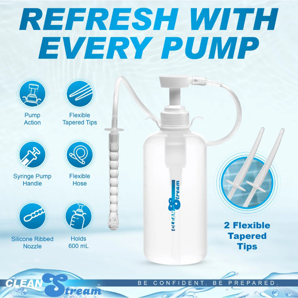 600mL enema bottle kit with pump, flexible hose, and tapered tips.