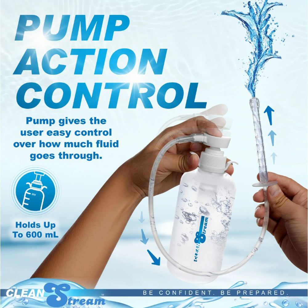 600mL enema bottle kit with pump action control and 3 nozzle attachments.