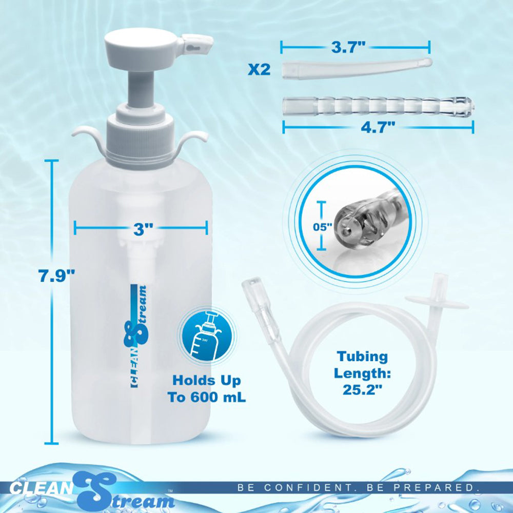 600mL enema bottle kit with three nozzle attachments and tubing.