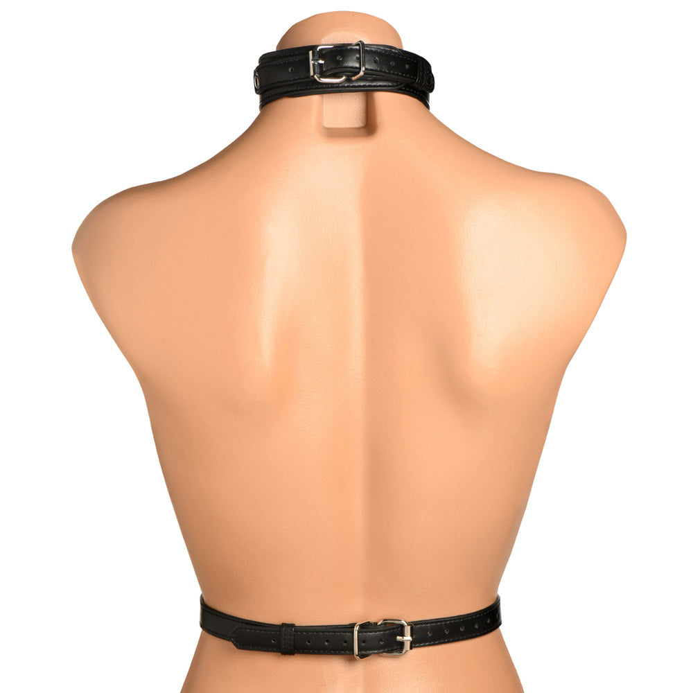Vegan leather chest harness with adjustable collar and belt.
