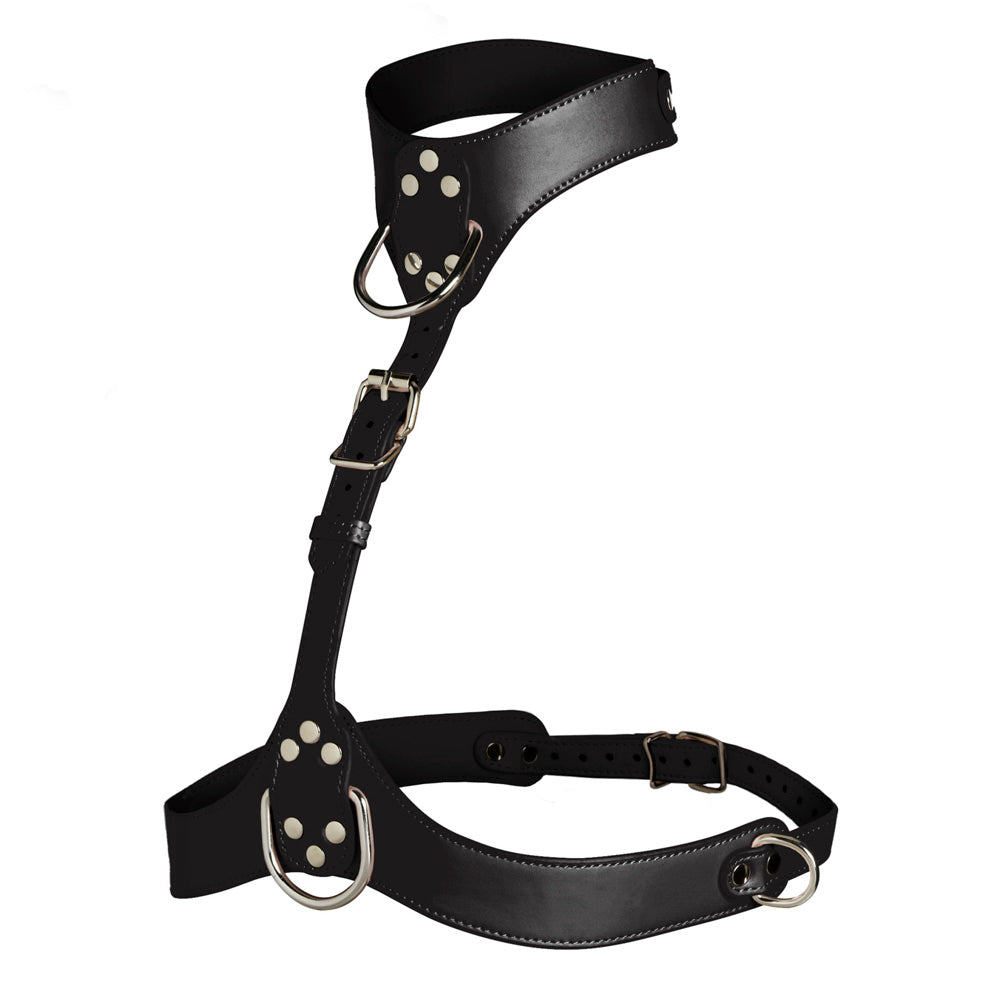 Black vegan leather chest harness with adjustable collar and silver hardware.