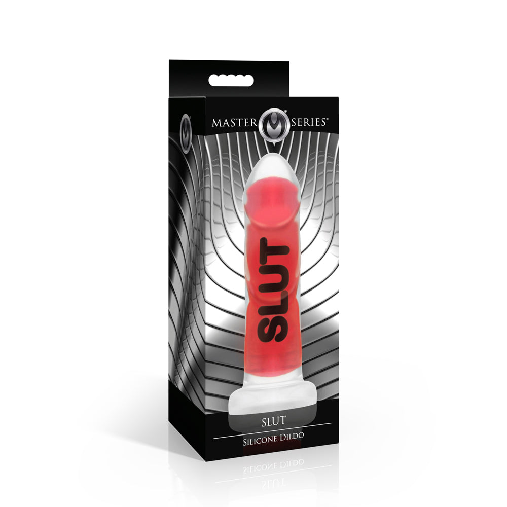 Red ribbed silicone dildo with "SLUT" text and a white base.