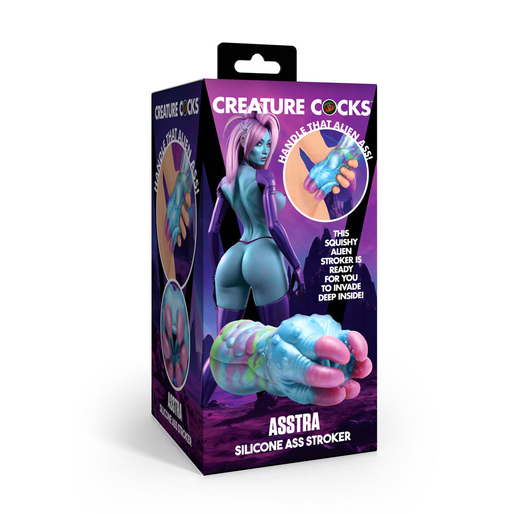 A silicone ass stroker with an alien design in blue, green, and pink.