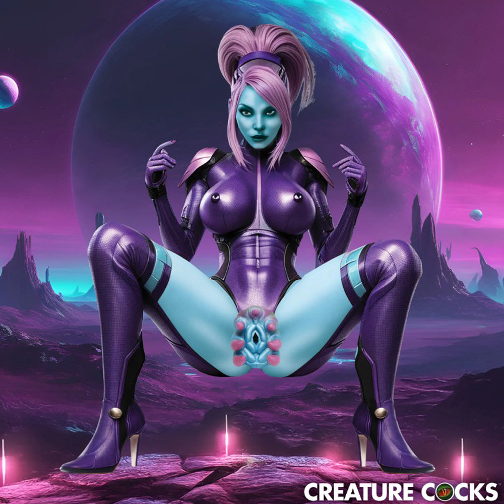 Alien-themed silicone stroker with textured interior and vibrant colors.