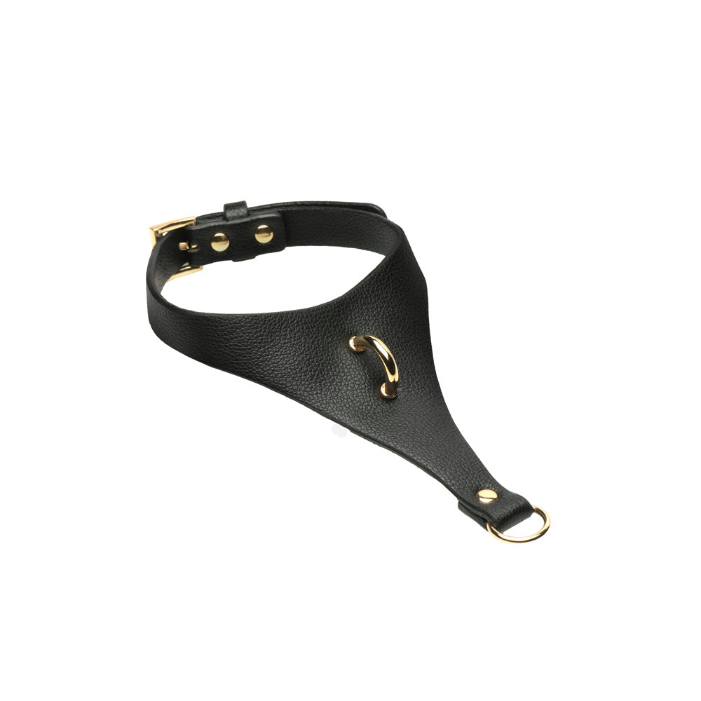 Black vegan leather collar with gold hardware and a detachable chain.