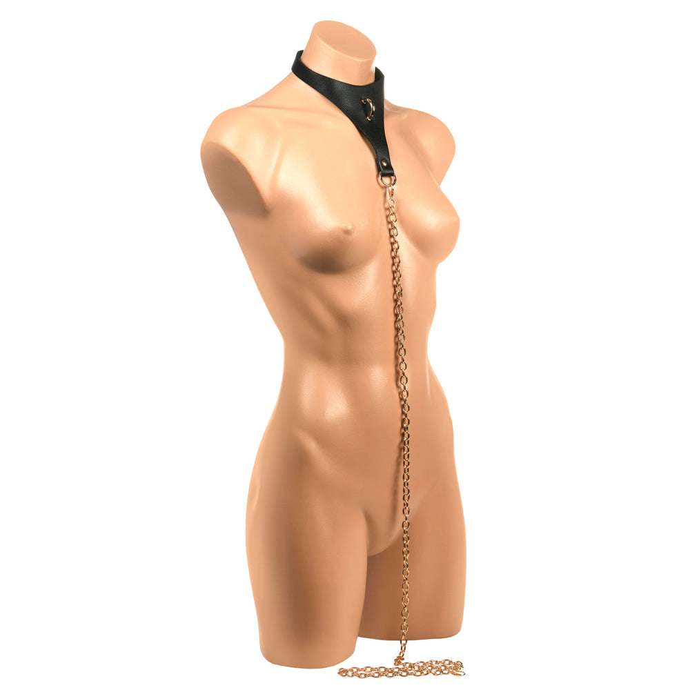 Vegan leather bondage collar with a detachable gold chain on a mannequin.