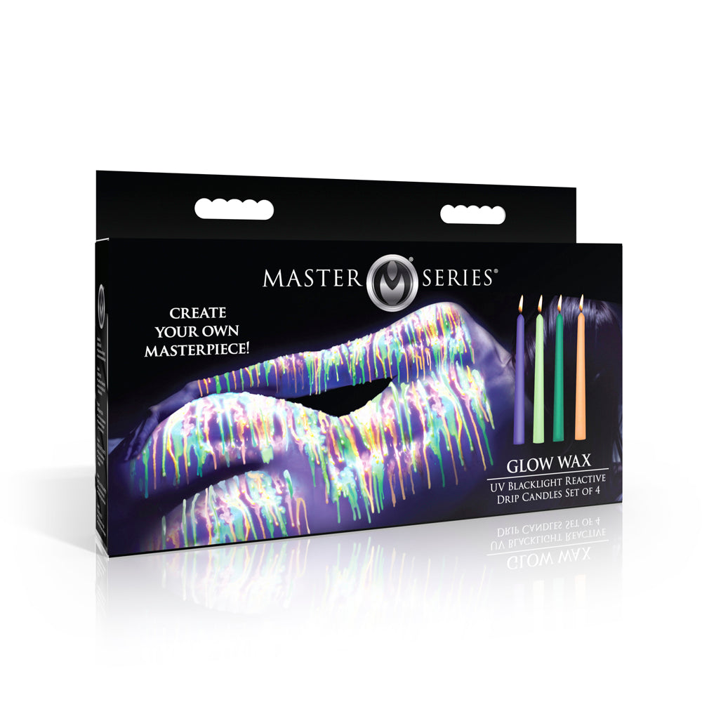 Box of UV blacklight reactive drip candles in neon colors.