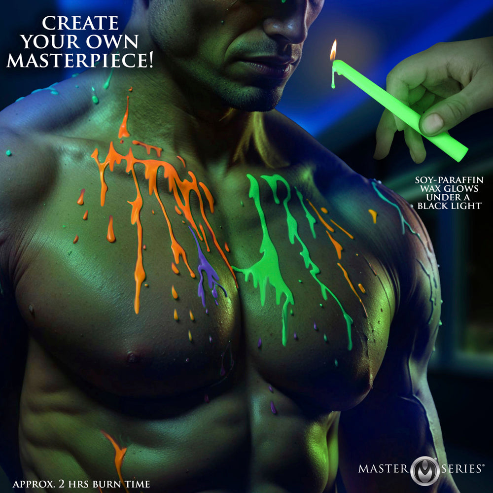 A man's torso is covered in glowing orange, purple, and green wax drips from a blacklight reactive candle.