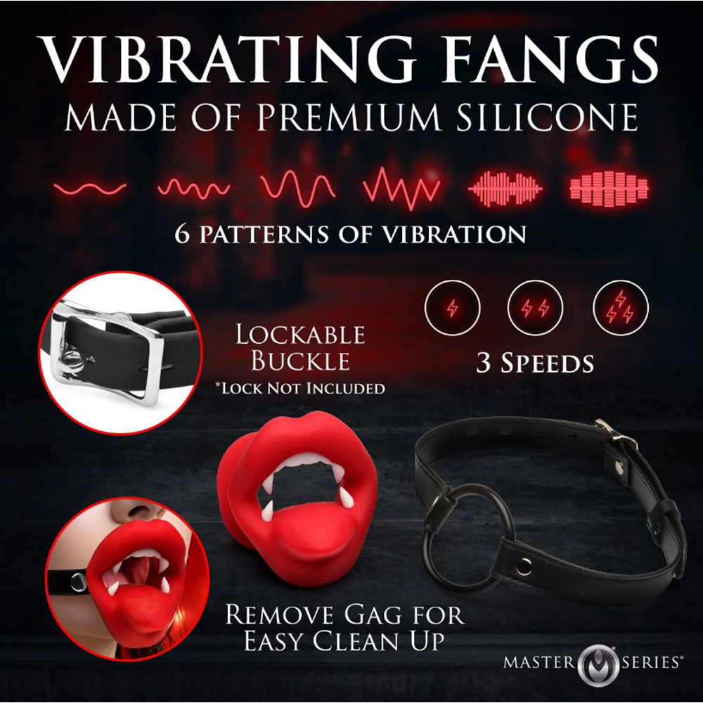 Vibrating vampire mouth gag made of red silicone with white fangs and a black adjustable strap.