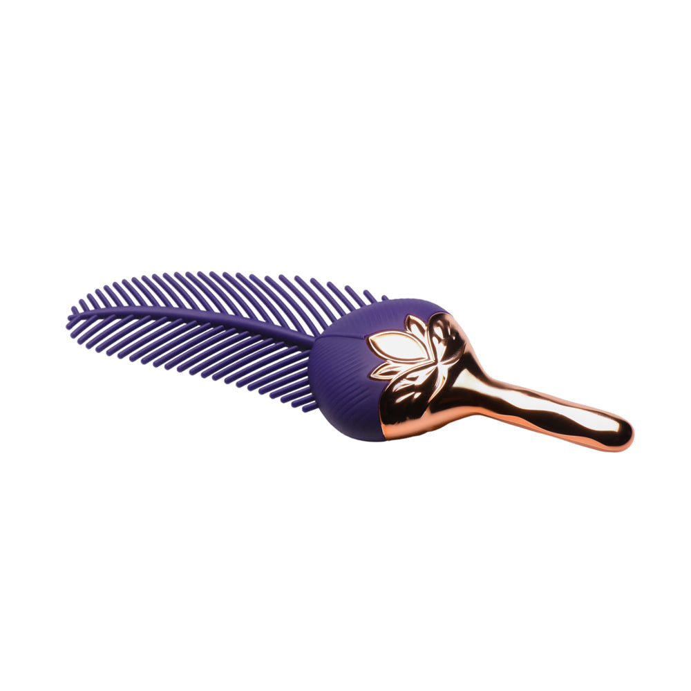 Purple silicone feather tickler with rose gold accents.