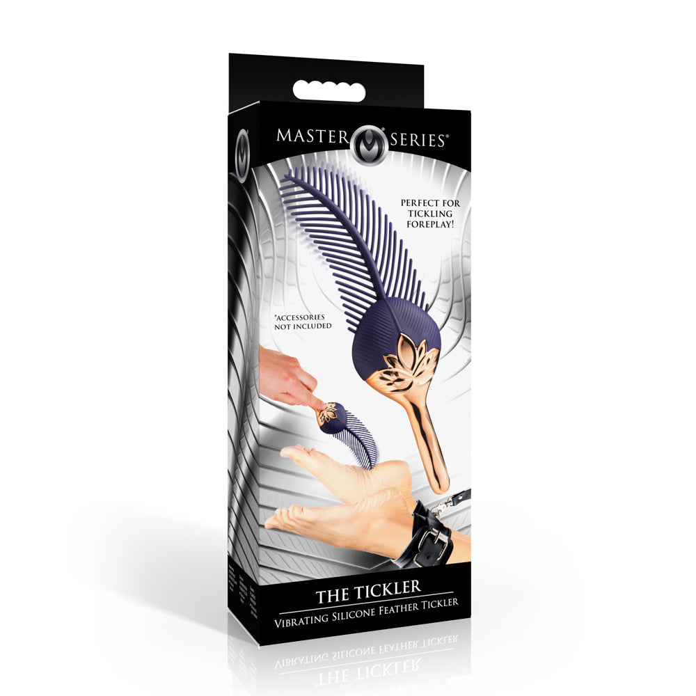 Vibrating silicone feather tickler with rose gold handle.