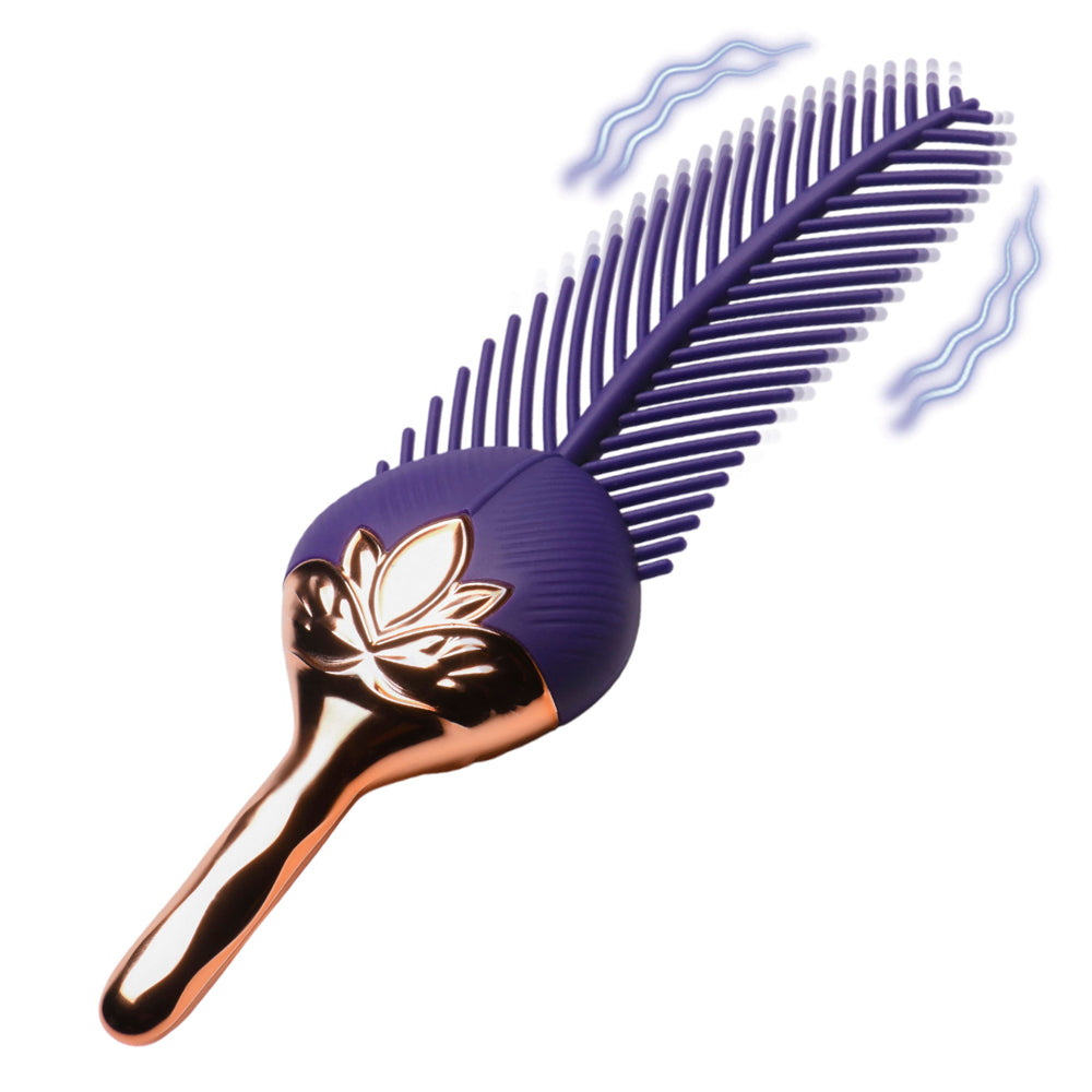 Purple silicone feather tickler with rose gold handle and lotus design.