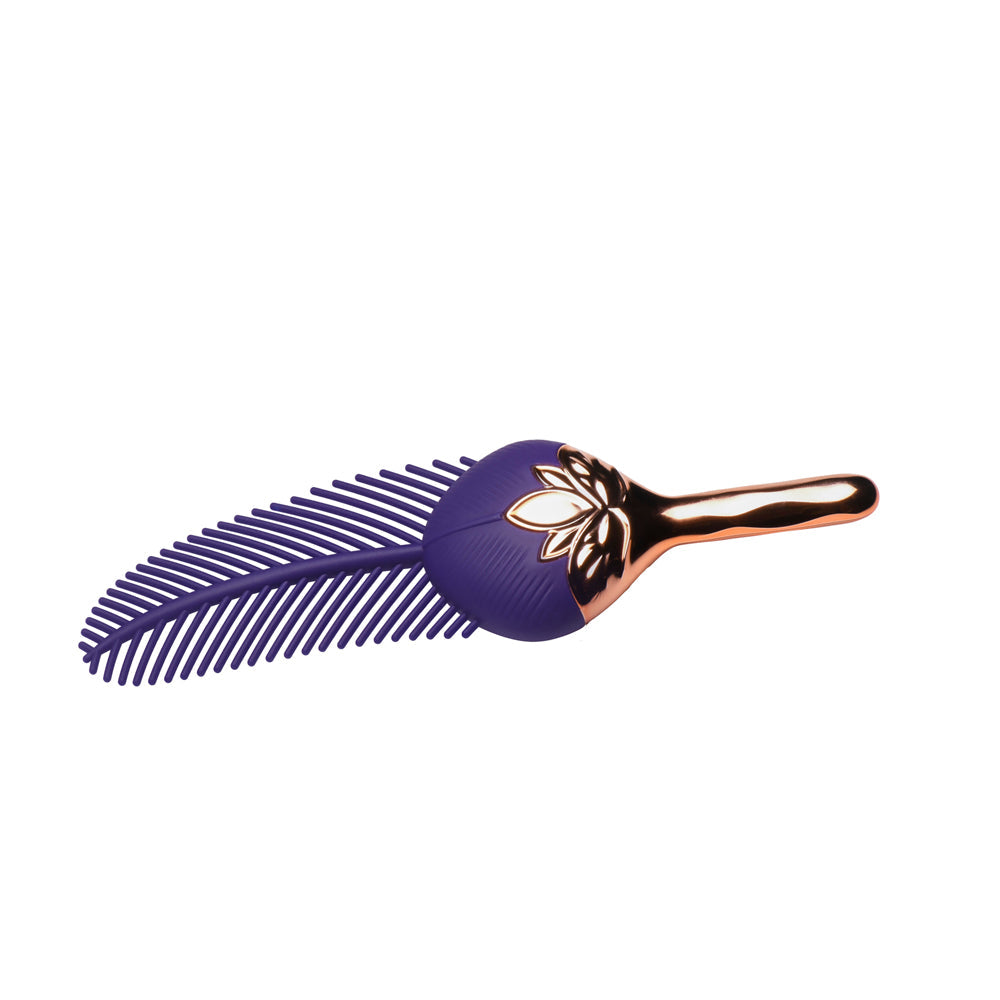 Purple silicone feather tickler with rose gold accents.