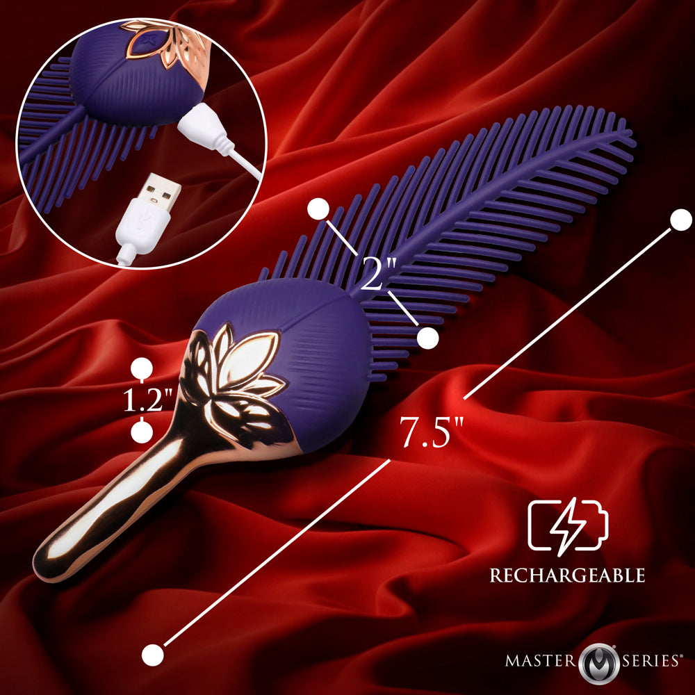 Purple silicone feather tickler with rose gold accents, measuring 7.5 inches long.