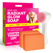 Kojic acid brightening soap with exfoliating applicator and two orange soap bars.