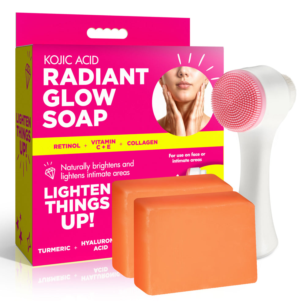 Kojic acid brightening soap with exfoliating applicator and two orange soap bars.