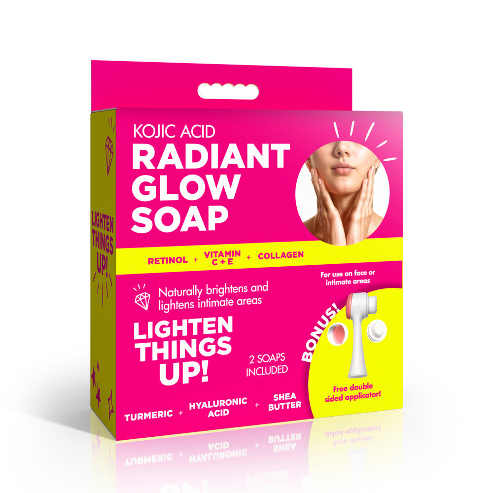 Kojic Acid Radiant Glow Soap box with a face image and bonus applicator.