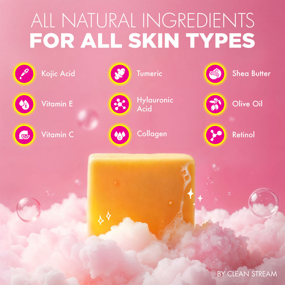 A bar of Kojic Acid soap with icons of its natural ingredients.