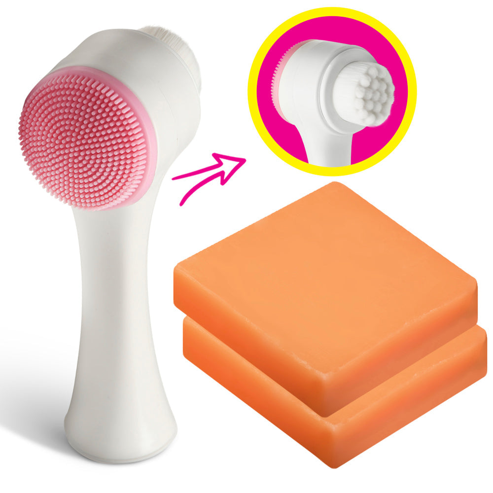 Kojic acid soap bars with a pink and white exfoliating applicator.