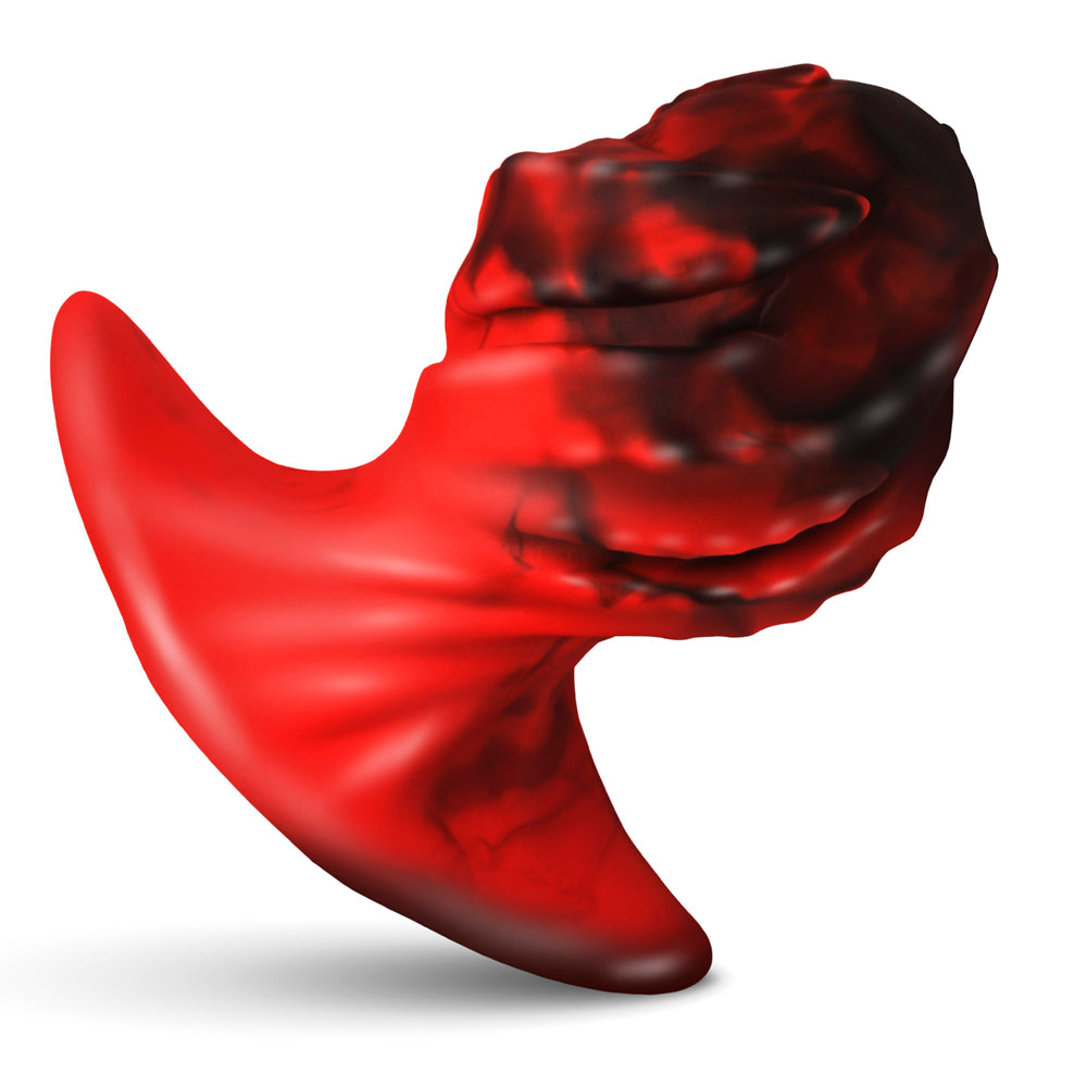Red and black dragon egg shaped butt plug with textured ridges.