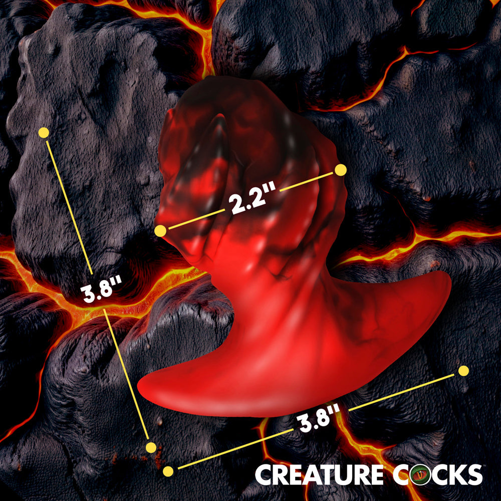 Red and black dragon egg butt plug with textured ridges and size indicators.