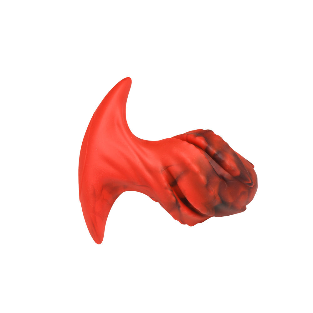 Red and black dragon egg shaped silicone butt plug.