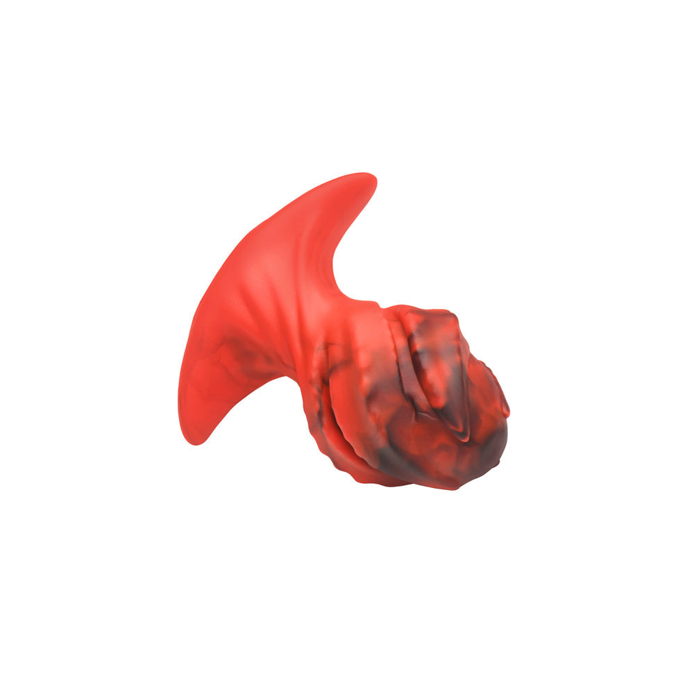Red and black dragon egg shaped silicone butt plug with twisted ridges.