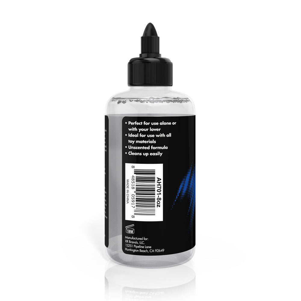 Clear, unscented water-based lubricant in an 8oz bottle with a black cap.