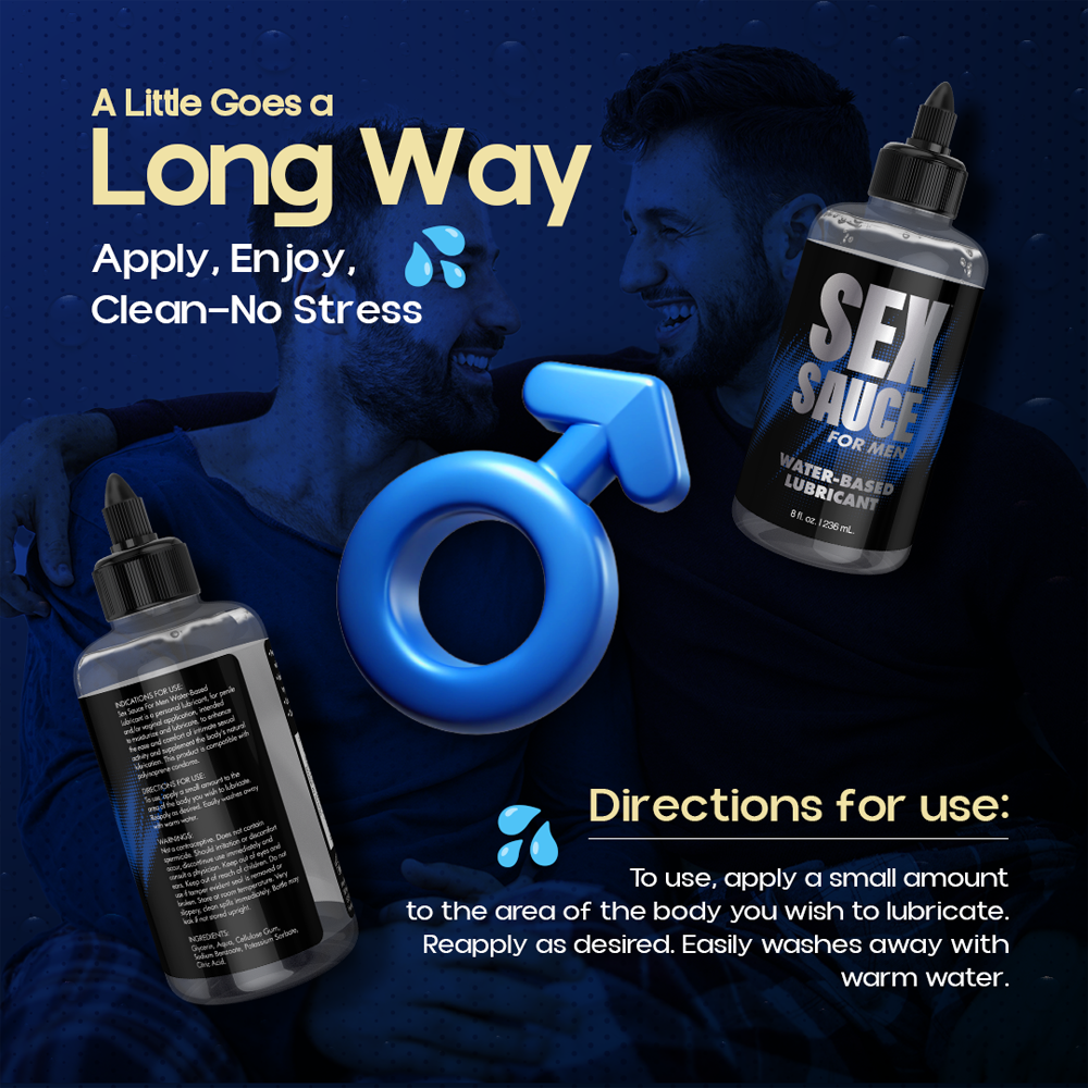 A bottle of water-based lubricant for men with a male symbol.