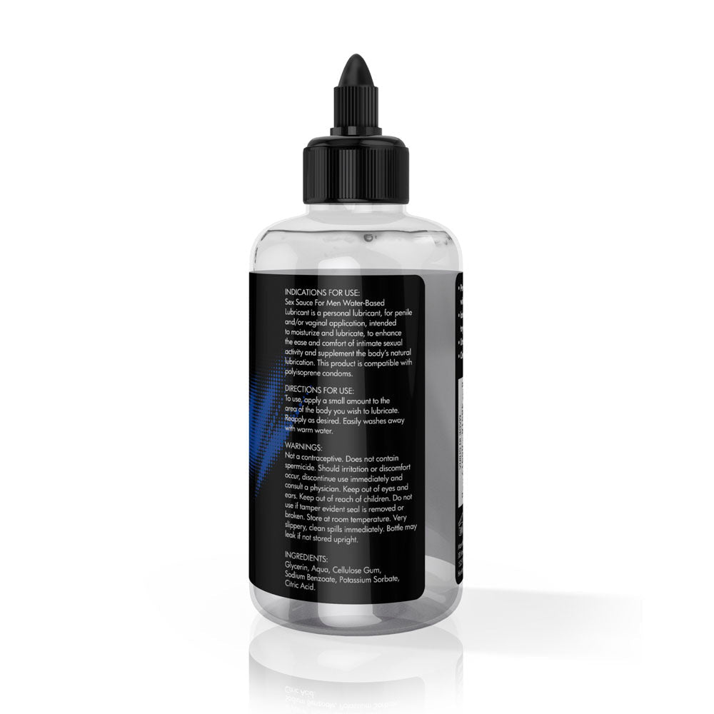 Clear water-based personal lubricant in a bottle with black cap and label.