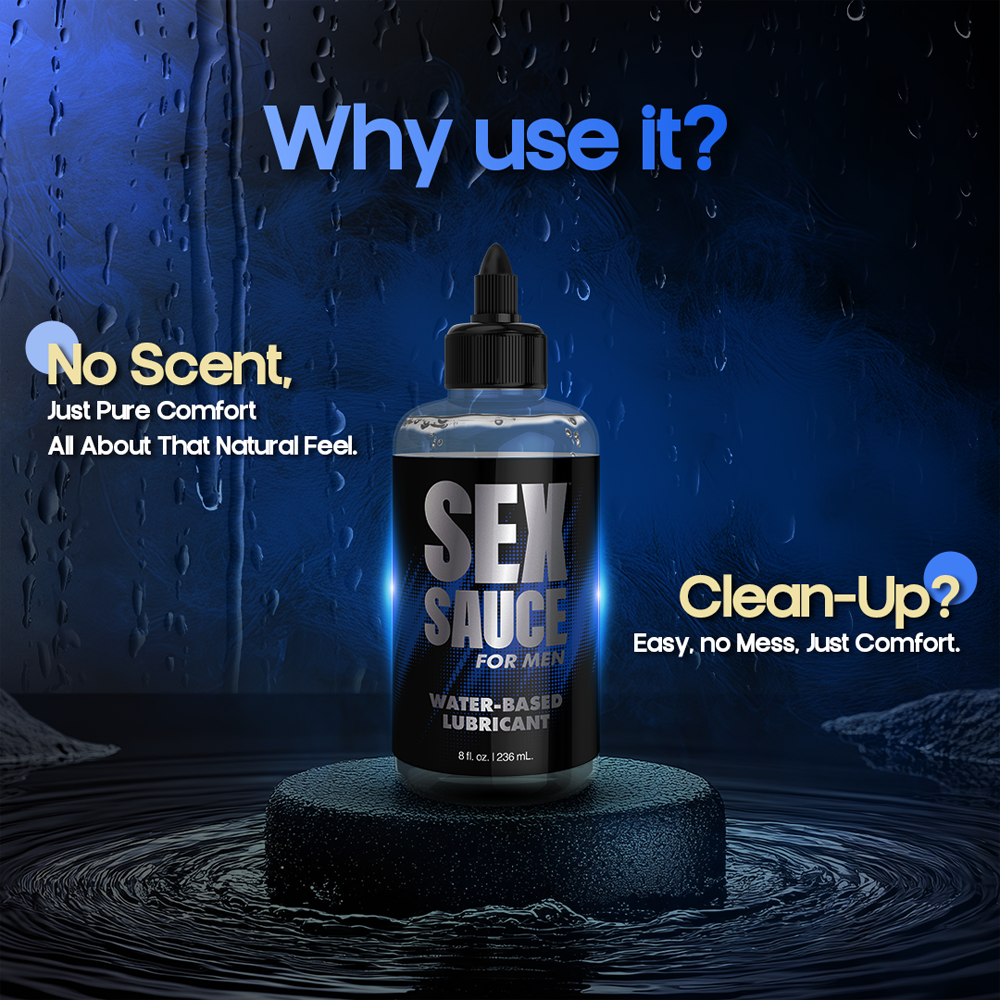 A bottle of Sex Sauce water-based lubricant for men, unscented.
