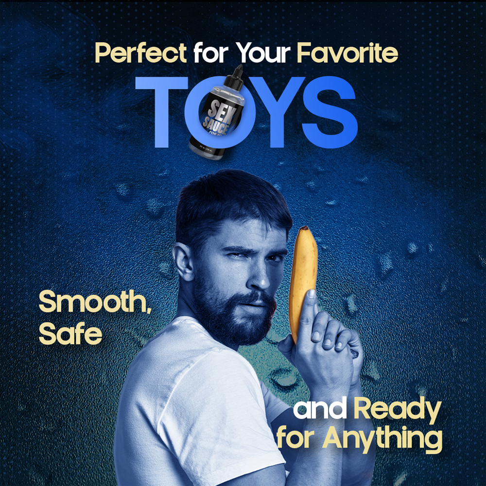 A man holds a banana like a gun, with text about "Sex Sauce" and "Toys".