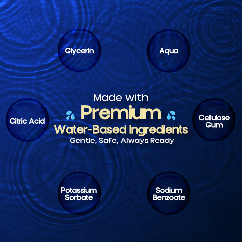 Water-based lubricant with glycerin, aqua, and cellulose gum.