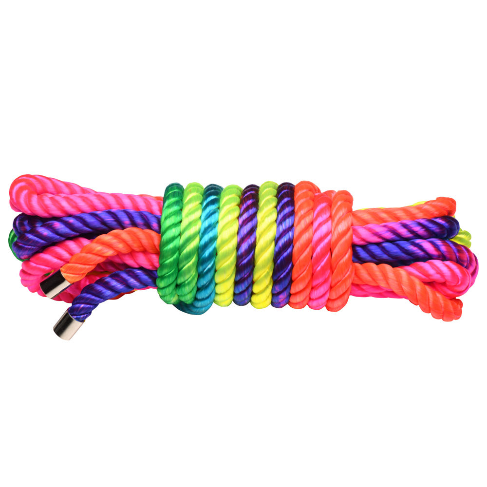 Rainbow Shibari bondage rope made of soft nylon with metal caps.