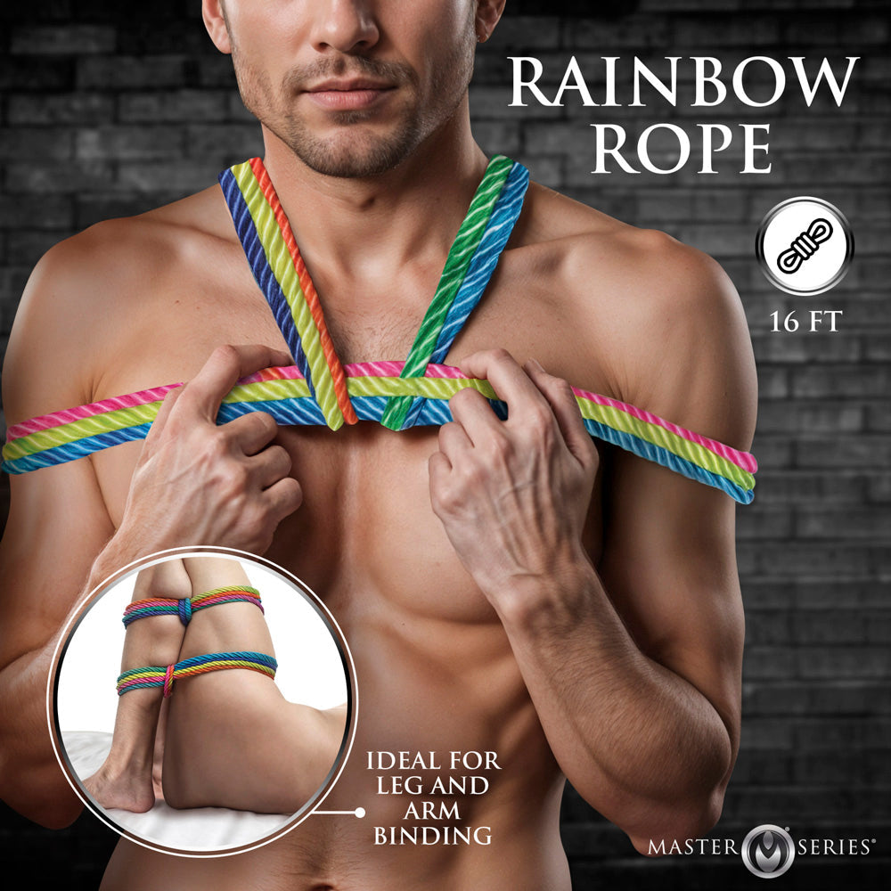 Rainbow Shibari bondage rope, 16ft, soft nylon, for leg and arm binding.