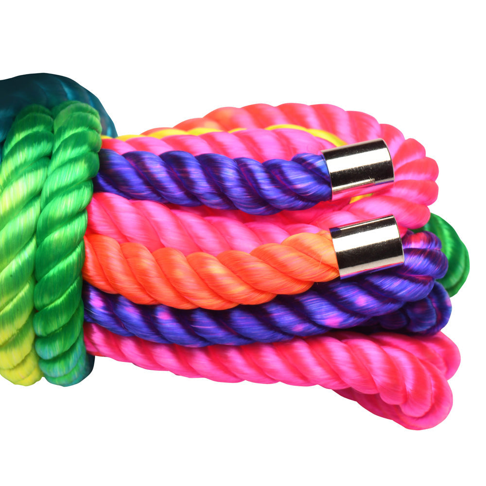 Rainbow Shibari bondage rope made of soft nylon with metal caps.