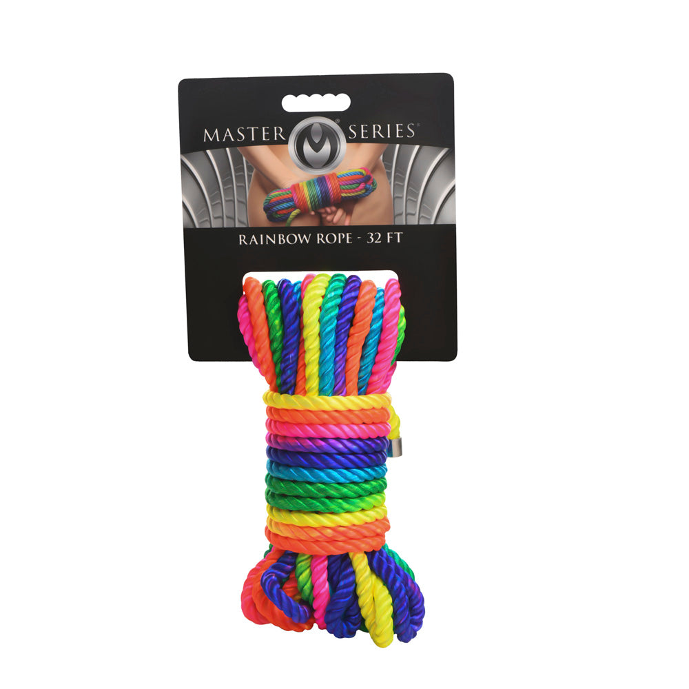 A 32ft rainbow colored nylon bondage rope from the Master Series.