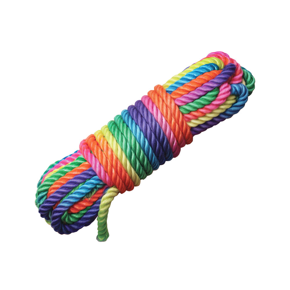 Rainbow colored nylon rope coiled on a white background.