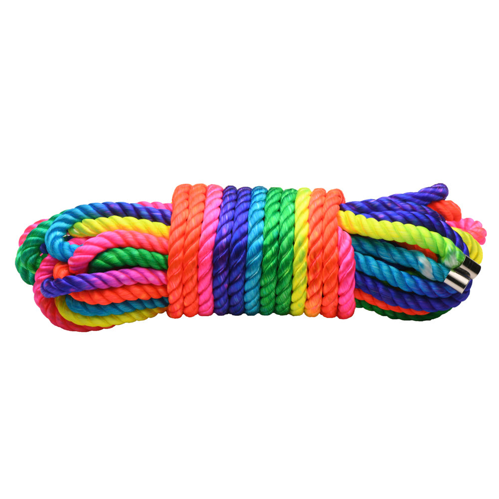 A coiled rainbow-colored nylon rope with metal caps on the ends.