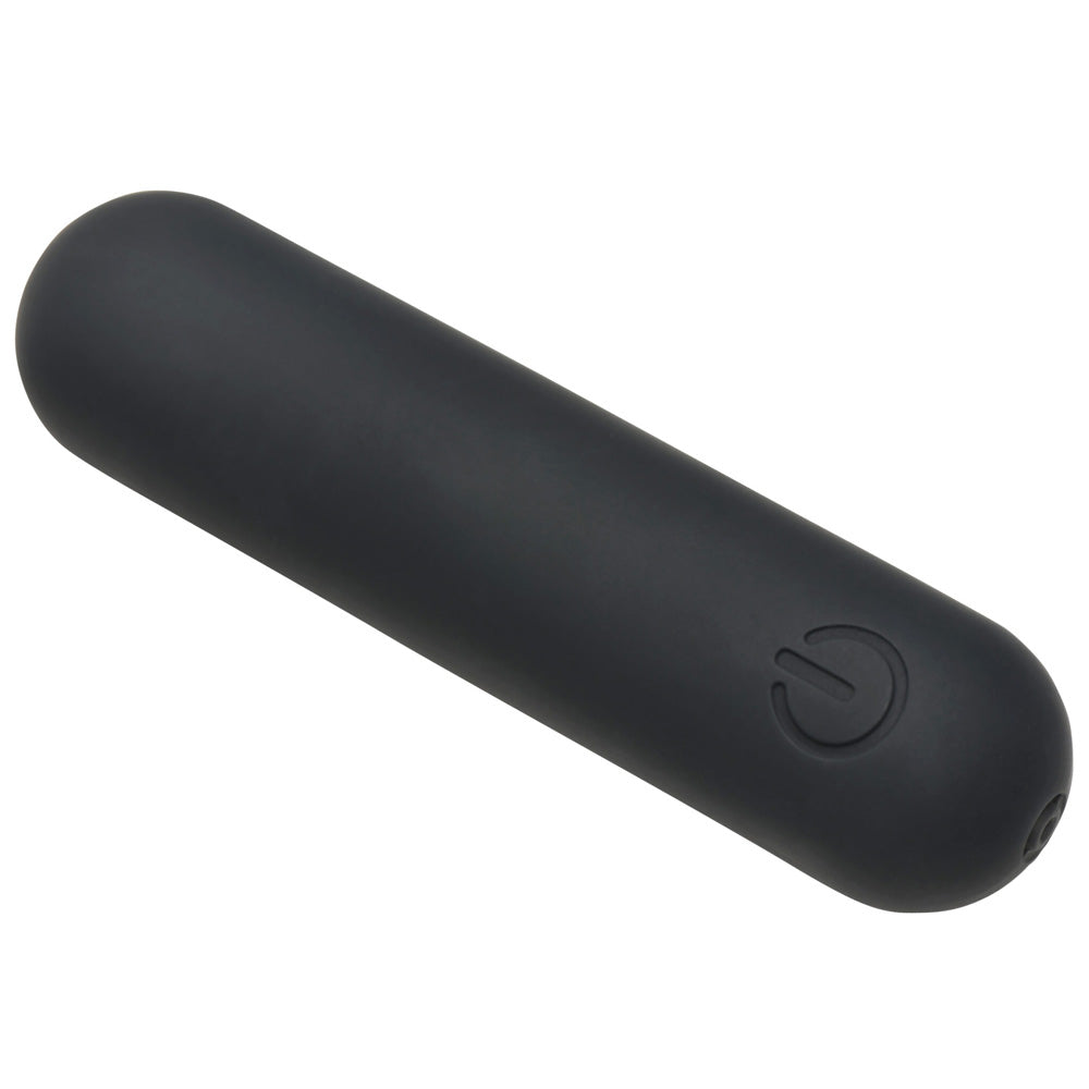 Black flexible silicone bullet vibrator with a power button.