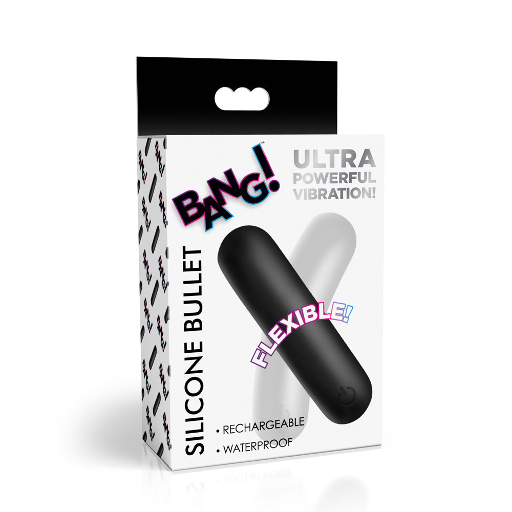 A black and white flexible silicone bullet vibrator on its packaging.