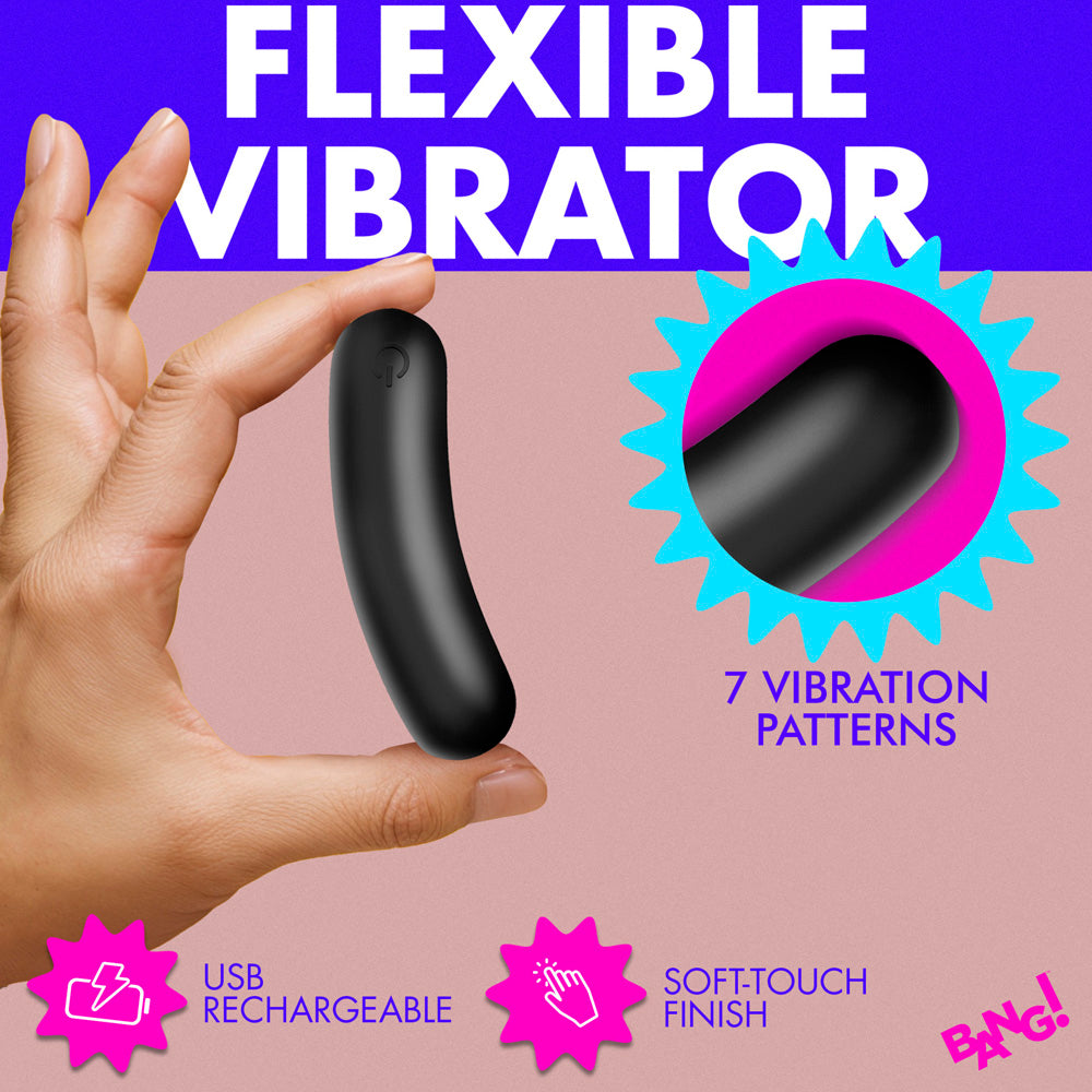 A black flexible silicone bullet vibrator held in a hand, with text about vibration patterns and features.