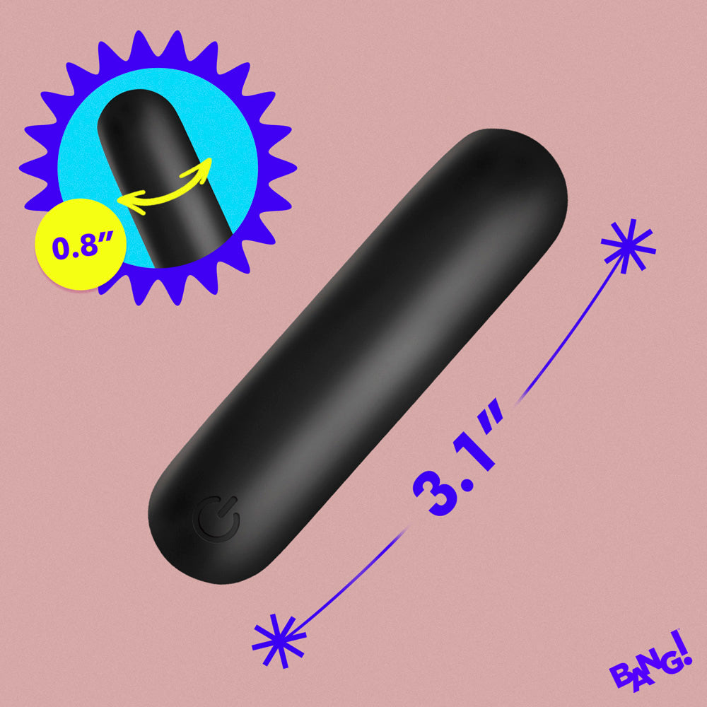 Black flexible silicone bullet vibrator measuring 3.1 inches long and 0.8 inches wide.