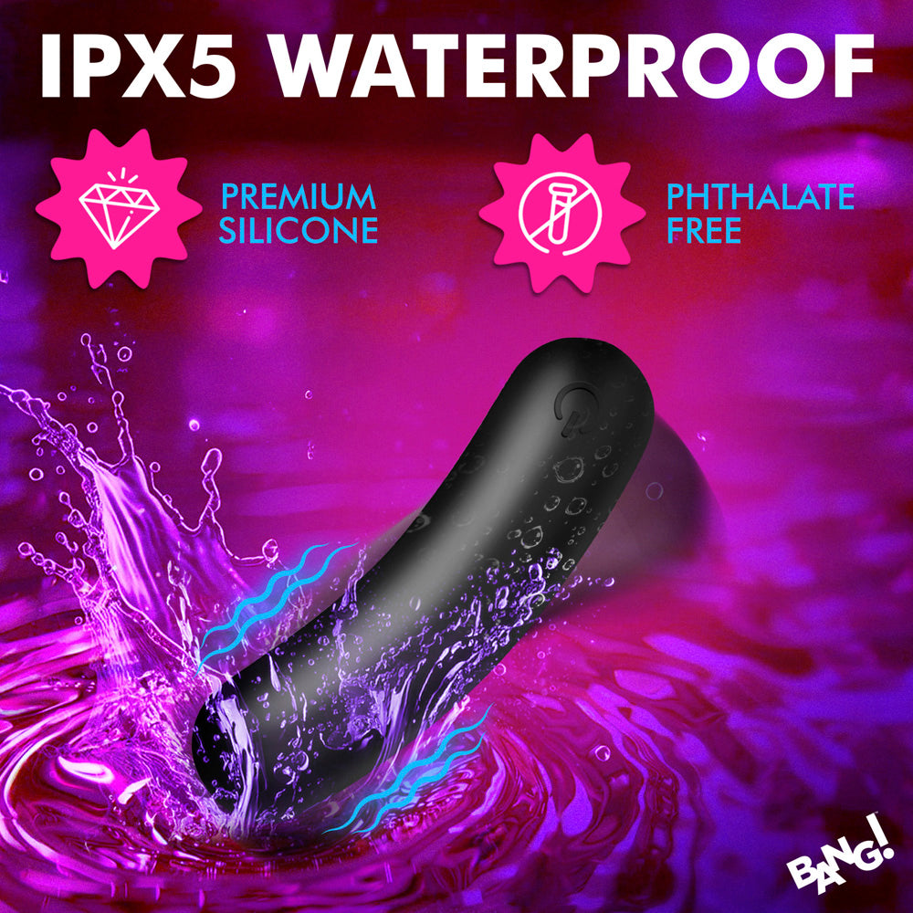 Black flexible silicone bullet vibrator with IPX5 waterproof rating.