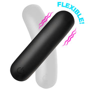 Two flexible silicone bullet vibrators, one black and one white, with pink wavy lines indicating flexibility.